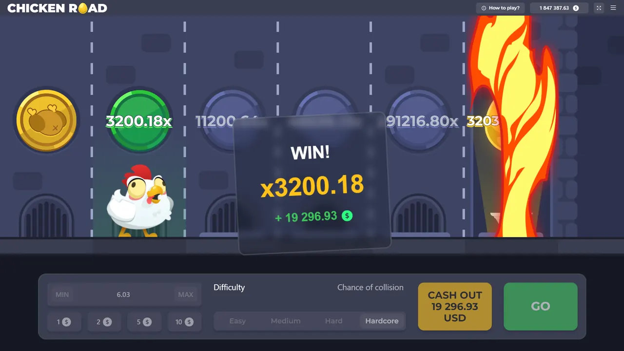 Schermata di Chicken Road con la finestra WIN, il moltiplicatore e il pulsante CASH OUT